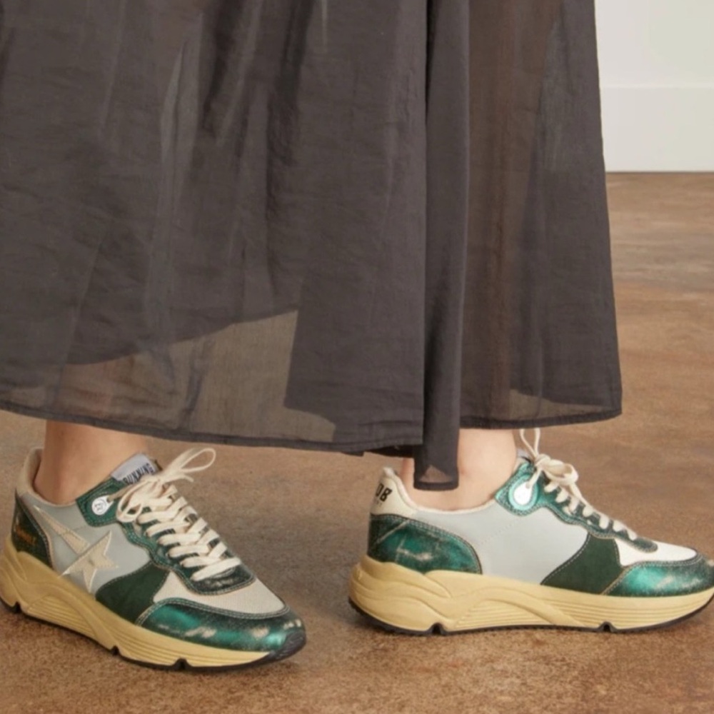 Golden Goose Running Sole Sneaker Metallic Green Leather/Cream/Silver SZ 6